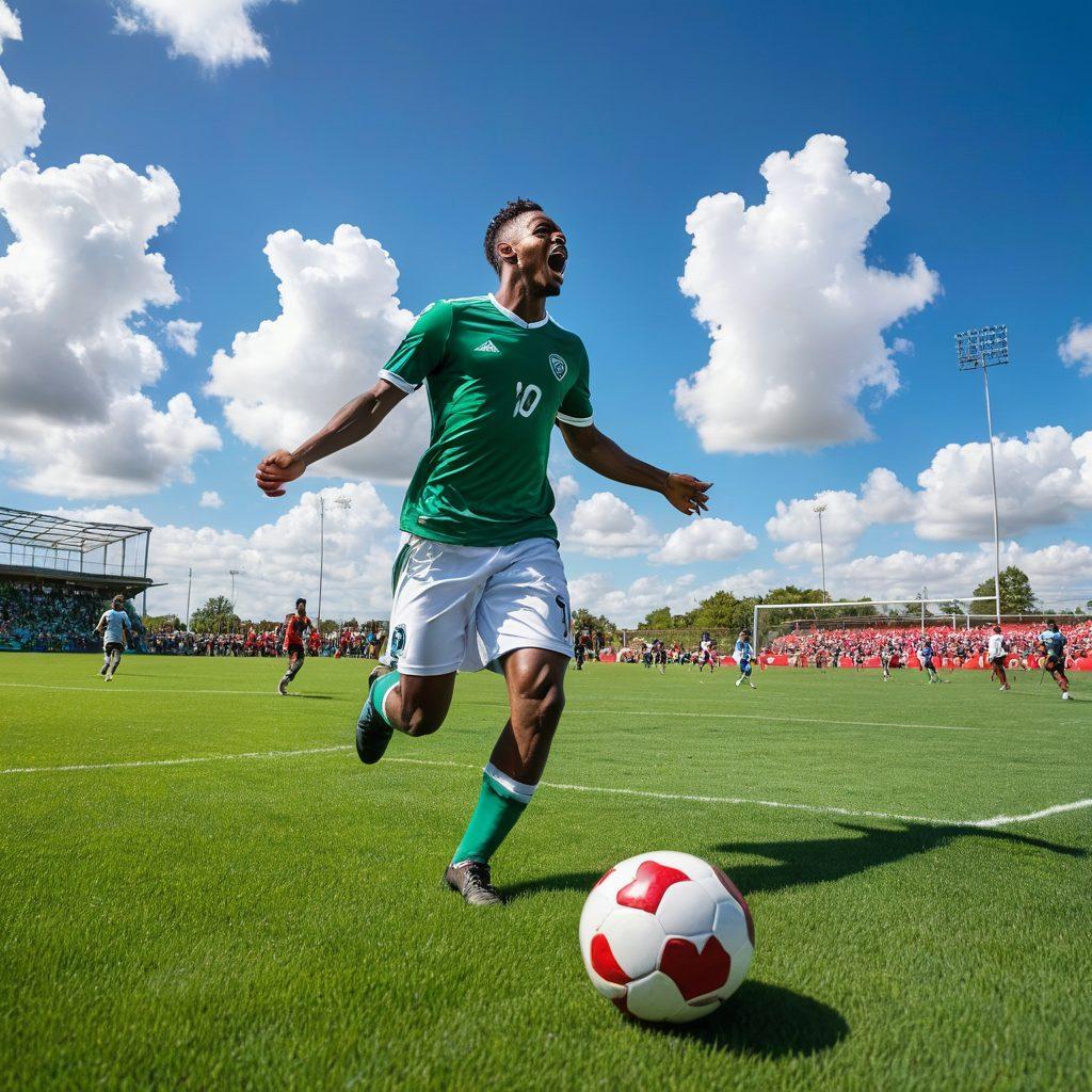A passionate soccer player, Reginald Bush, in mid-action on a vibrant green field, surrounded by hearts and sports equipment symbolizing love and devotion. The scene captures joyful moments with fans cheering, intertwining his relationships with the game. Bright blue skies overhead and a dynamic composition enhance the emotion of the moment. super-realistic. vibrant colors. 3D.